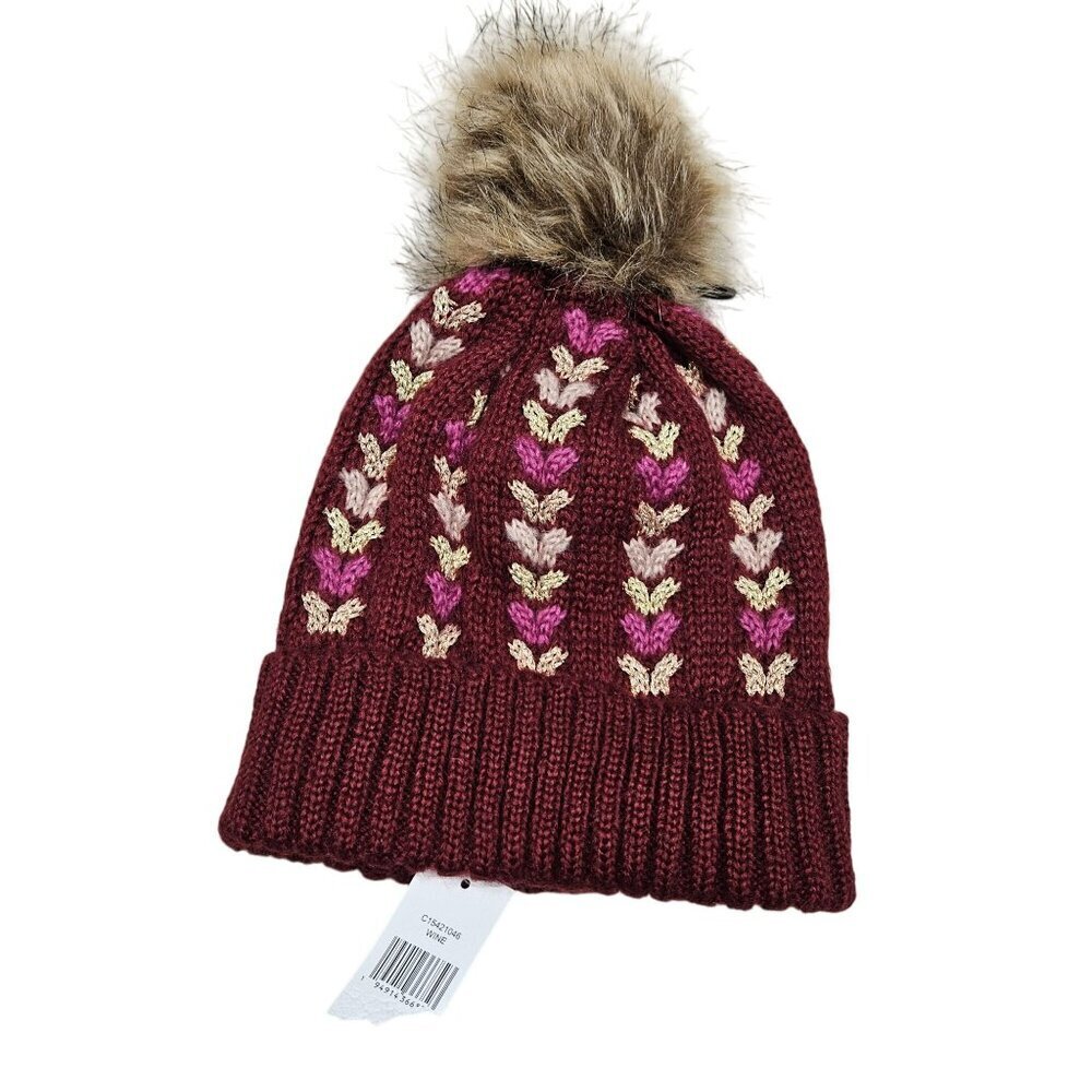 NWT Knitted Winter Beanie With‎ Faux Fur Pom Pom Burgundy Multicolor For Adults